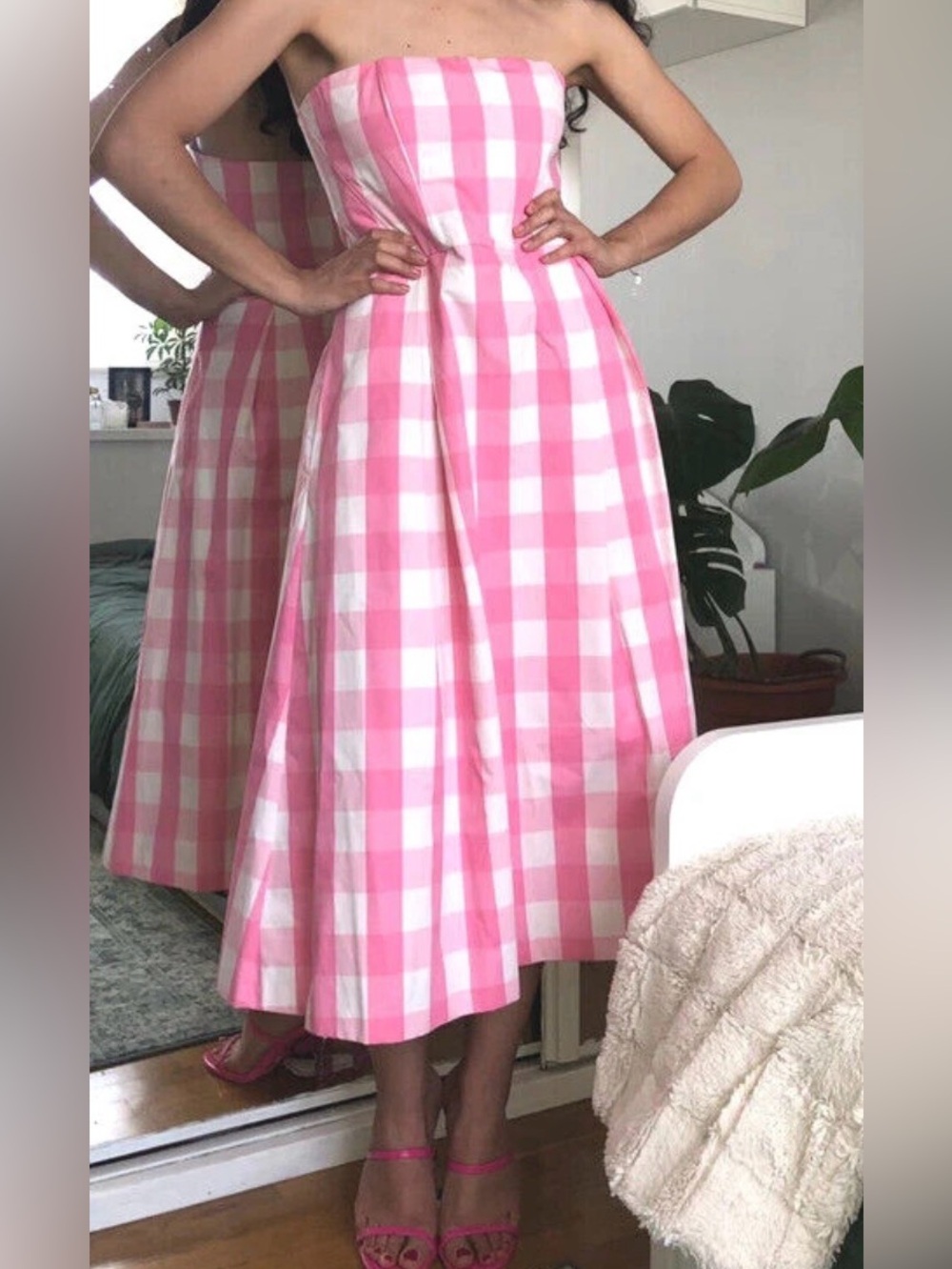 ZARA BARBIE COLLABORATION Strapless Pink Gingham Midi Dress - Picture 3 of 13